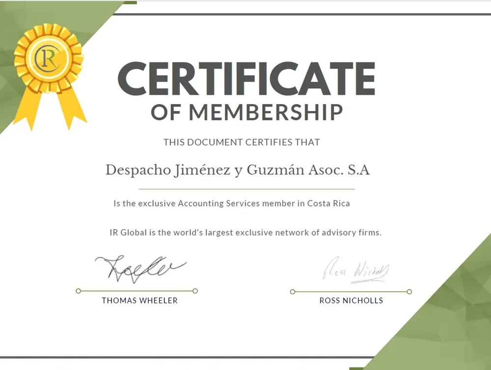 Membership certificate of IR Global issued to Despacho Jiménez y Guzmán