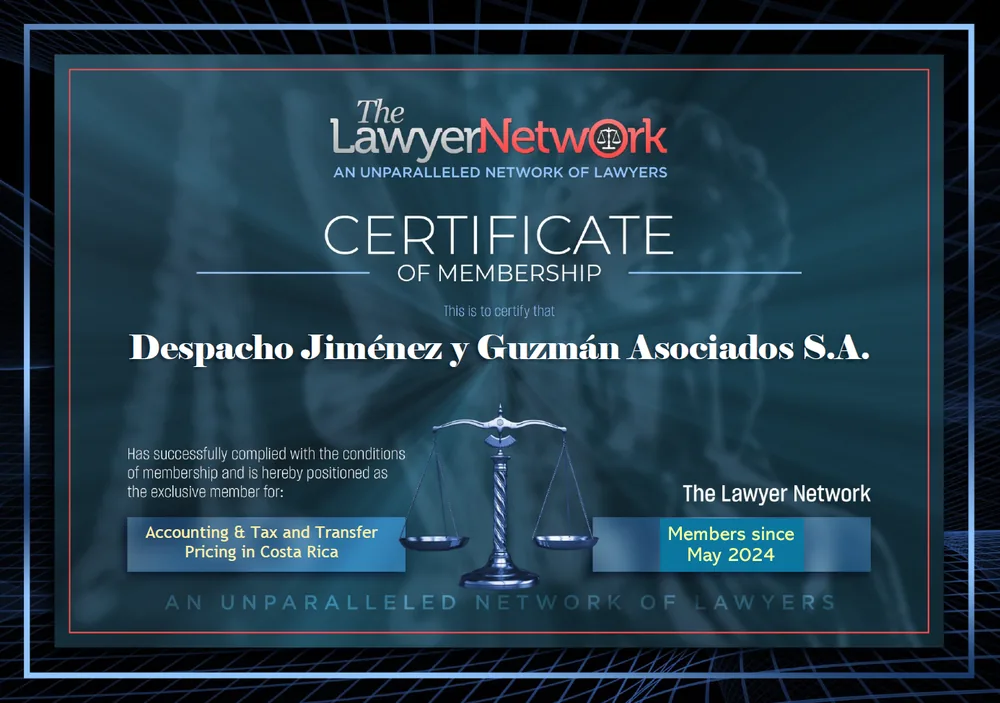 Membership certificate of The Lawyer Network issued to Despacho Jiménez y Guzmán