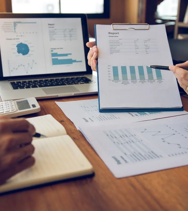 Analysis of financial statements with charts and accounting documents